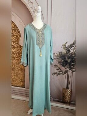 SHEIN Sage Green Embroidered Kaftan with Gold Tassel